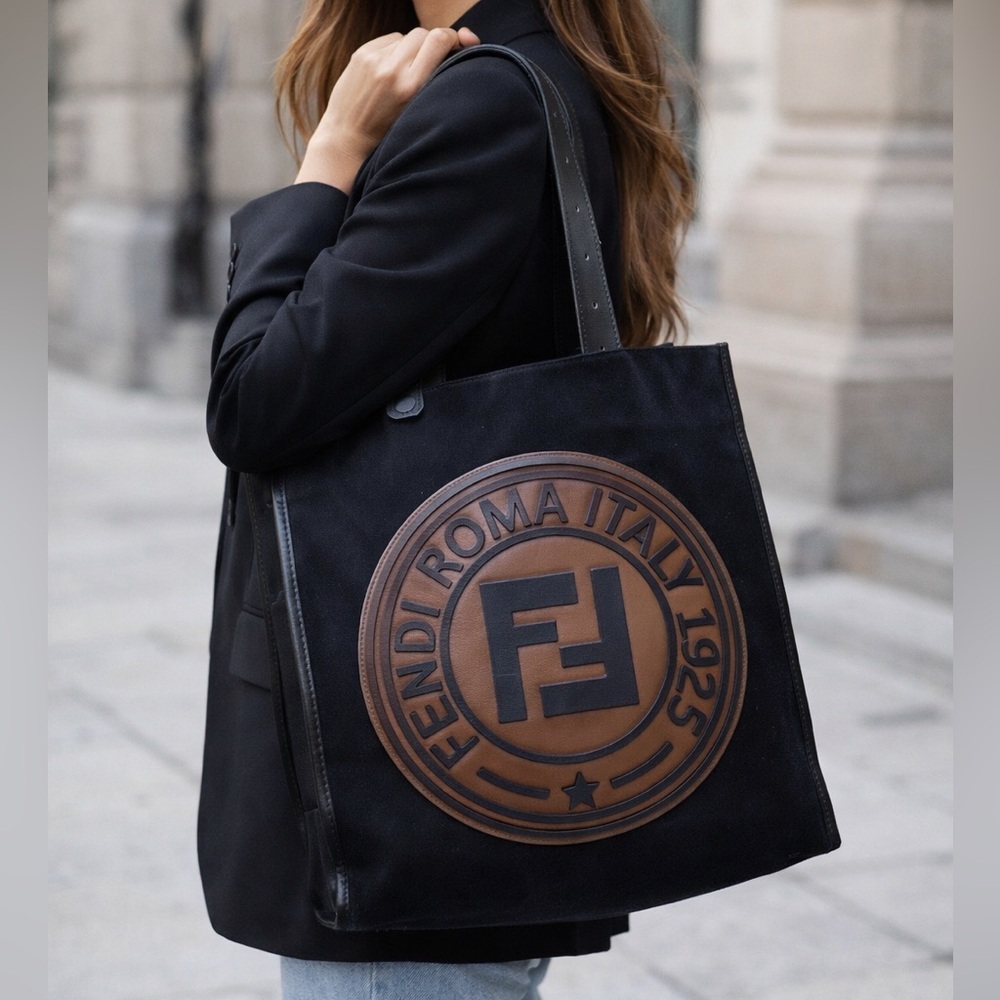 Fendi Black Tote with Brown Leather Medallion
